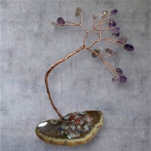 Amethyst Gemstone Bonsai Copper Wire Tree on Agate 4in
